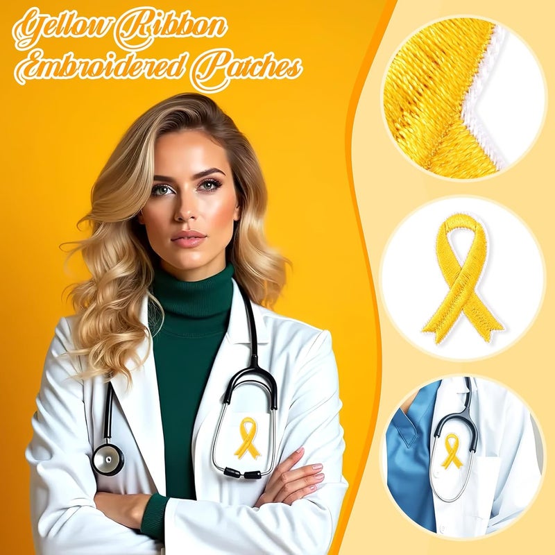 Augsun 30pcs Yellow Ribbon Iron on Patches Bone Cancer Awareness Embroidered Sew Applique Repair Patch Support Campaign Charity Donation Event DIY Crafts for Clothing Dress Backpack Hat Decorations ﻿ - Image 3